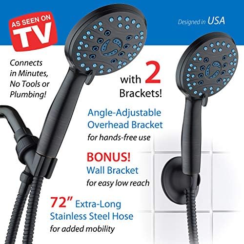 Hotel Spa AquaCare High Pressure 8-mode Handheld Shower Head - Anti-clog Nozzles, Built-in Power Wash to Clean Tub, Tile & Pets, Extra Long 6 ft. Stainless Steel Hose, Wall & Overhead Brackets