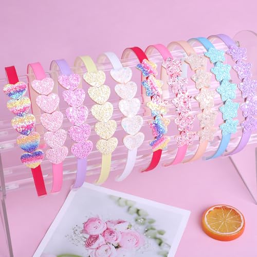 Fishdown Headband for Kids Girls, 10Pcs Rainbow Glitter Hairband for Toddler Heart Rainbow Star Non-slip Headbands with Teeth