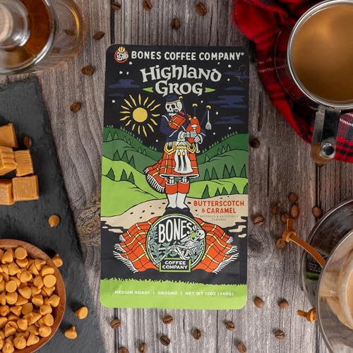 Bones Coffee Company Highland Grog Flavored Coffee Beans, Whole Bean Coffee Medium Roast Low Acid, Butterscotch Caramel Flavor (12 oz)