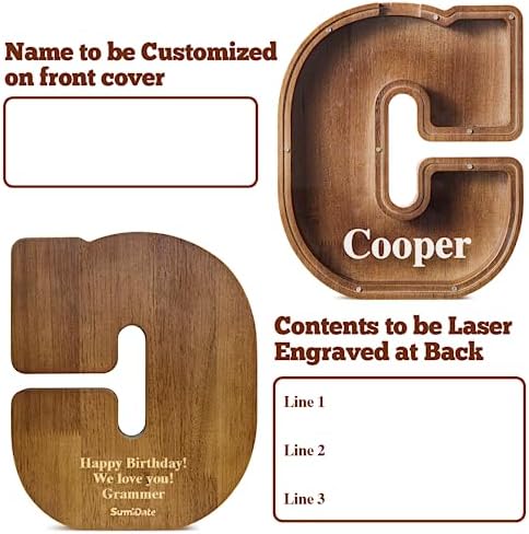 Summidate Customized Name Extra Large Wooden Piggy Bank for Kids Boys Girls Alphabets Letter A-Z Coins Bills Money Change Saving Box Clear Cover (Laser Engraved) Educational Toys 12"- Letter C