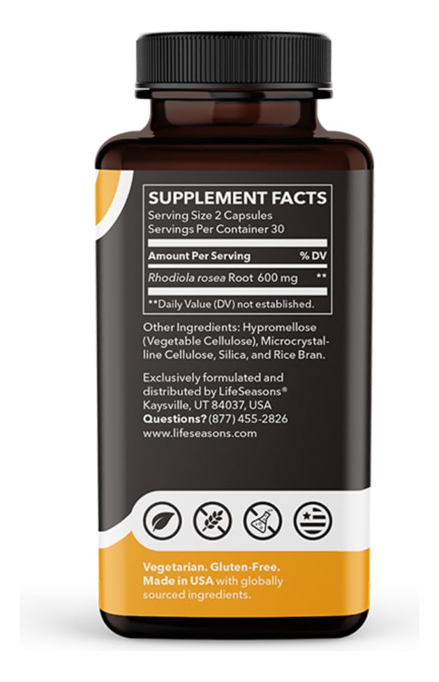 LifeSeasons Rhodiola Root 600mg per 2 Capsules – Adaptogenic Supplement for Natural Energy Mental Clarity Mood Balance Stress Support – 60 Vegan Capsules, Non‑GMO, Gluten‑Free