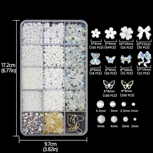 Flatback Nail Art Pearls Flower Bow Nail Charms with Nail Rhinestones Glue Gel Gold Silver Butterfly Nail Supplies Colorful Nail Pearls Rhinestones Gems for Women Acrylic Nail Decoratons