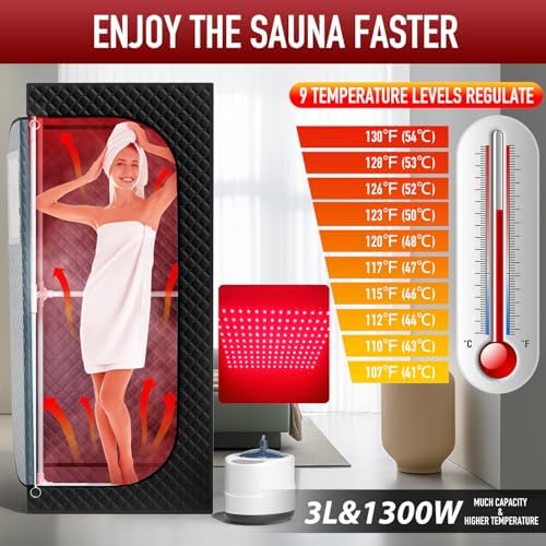 Portable Infrared Steam Sauna with 660nm Red Light Therapy& 850nm Infrared Light Device, 3L 1300W Steamer, Folding Chair, Full Body Personal Sauna Box Sauna Tent for Home Sauna