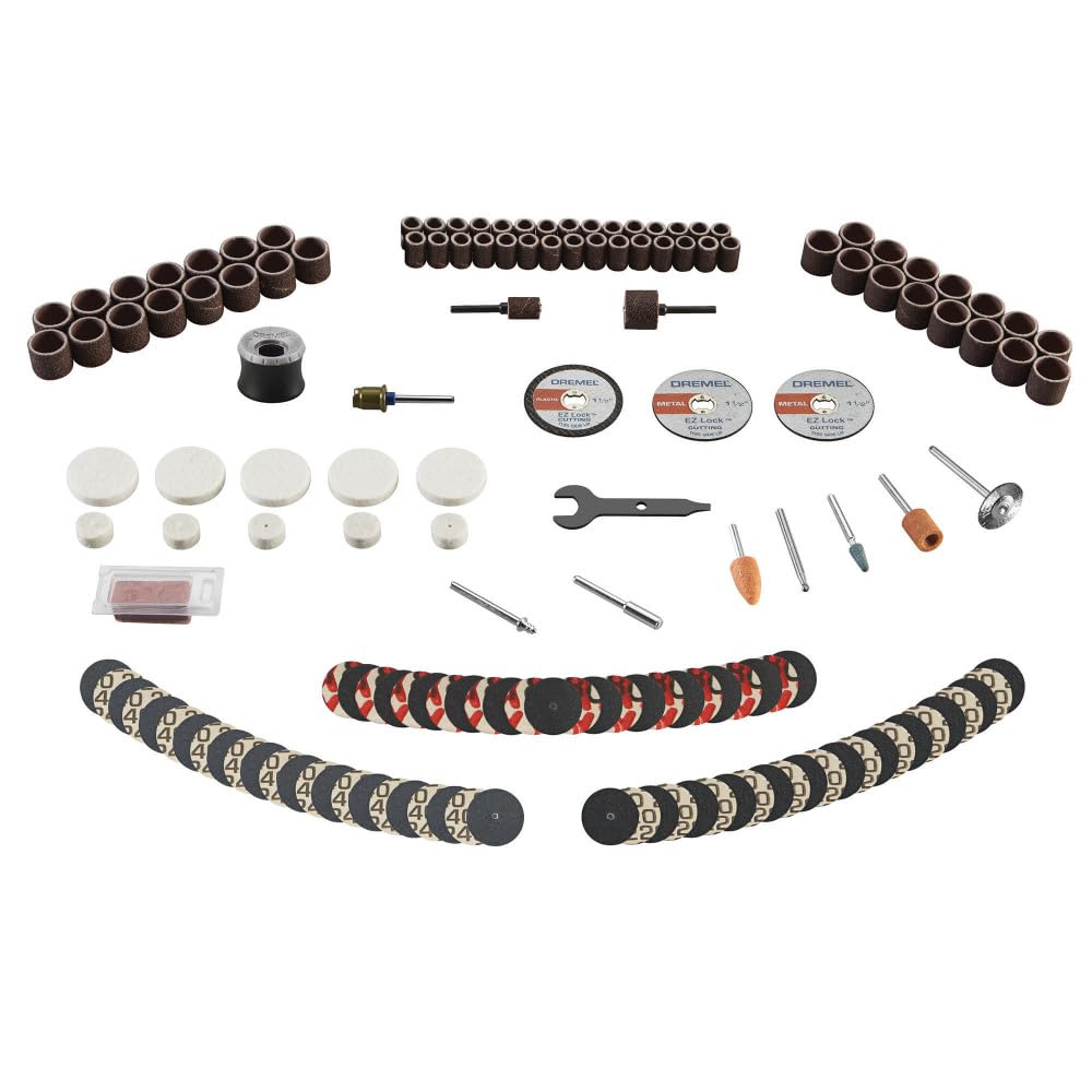 Dremel 160-Piece Rotary Tool Accessory Kit with EZ Lock Technology - 1/8" Shank - Cutting Bits, Polishing Wheel and Compound, Sanding Drums and Sanding Discs (710-08)