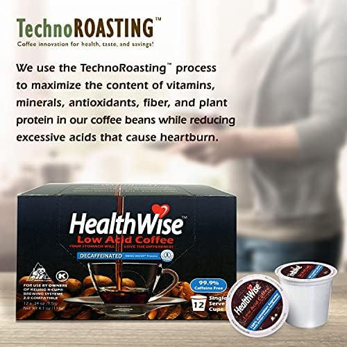 Healthwise Low Acid Unflavored Decaf, Chemical-Free Swiss Water Process, 99.9% Caffeine Free, 100% Colombian Coffee K-Cups – Medium Roast, Healthier Coffee for Sensitive Stomachs - 36 Count (Pack of 3)