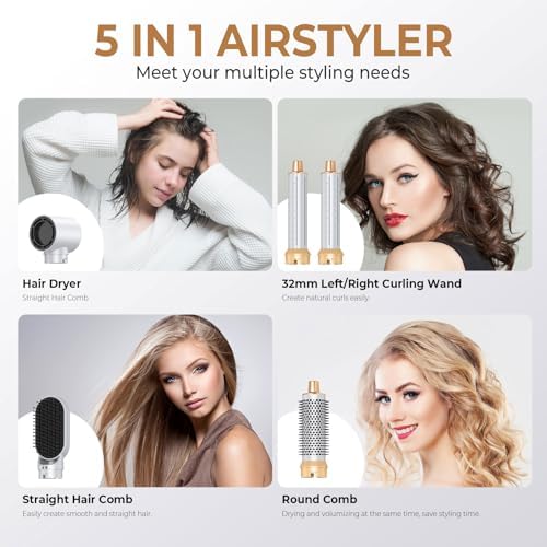 Blow Dryer Brush 5 in 1, Negative Ion Hair Dryer Brush Set Air Styler Curling Wrap Air Curler, Upgrade Hot Air Brush Curling Iron Hair Styling Tools As A Gift for Straight/Curling/Drying/Smoothing