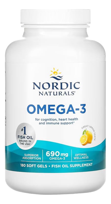 Nordic Naturals Omega-3, Lemon Flavor - 180 Soft Gels - 690 mg Omega-3 - Fish Oil - EPA & DHA - Immune Support, Brain & Heart Health, Optimal Wellness - Non-GMO - 90 Servings