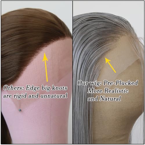 BTWTRY Gray Wig Long Straight Grandma Grey Synthetic Lace Front Wigs Pre Plucked Natural Hairline for Black Women Heat Resistant Fiber Hair Cosplay Daily Wear Wig (Grandma Grey)
