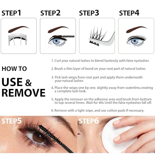 Lash Clusters Kit, Wispy & Natural Clusters Lashes Extension Kit, 48 Cluster Eyelash Extensions Soft Individual Lashes, with Clusters Lash Glue Remover Applicator DIY at Home(Wispy-C-Kit)
