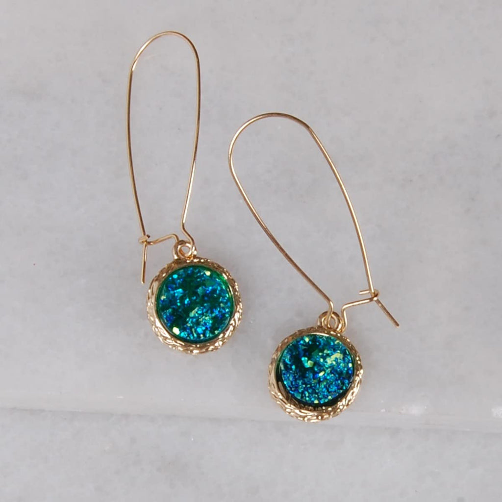Teal Earrings for Women - Gold Tone Faux Druzy Boho Dangle Drop