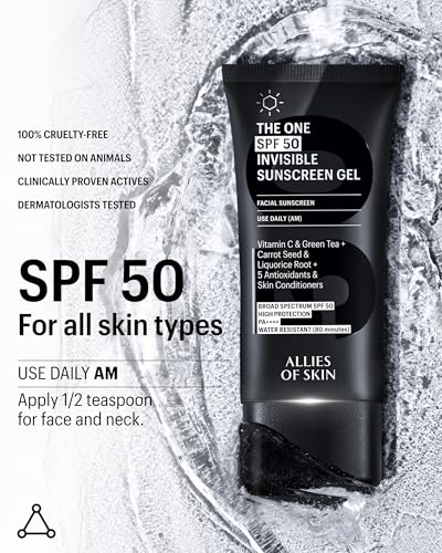 Allies of Skin - The One SPF 50 Invisible Sunscreen Gel with Vitamin C, Green Tea, Carrot Seed, Red Raspberry Seed Oil & Licorice Root, and 5 Antioxidants & Skin Conditioners. 50 ml/ 1.7 oz