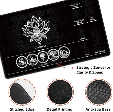 MTG Playmat with Play Zones – Magic Play mat Card Game Mat for Magic The Gathering, Lotus & Basic Lands Design, 24x14 inch, Stitched Edge, Non-Slip Base with Prismatic Playmat Tube-White Zone