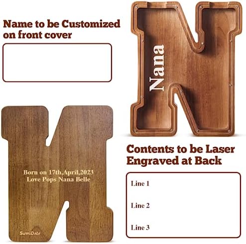 Summidate Customized Name Extra Large Wooden Piggy Bank for Kids Boys Girls Alphabets Letter A-Z Coins Bills Money Change Saving Box Clear Cover (Laser Engraved) Educational Toys 12"- Letter M