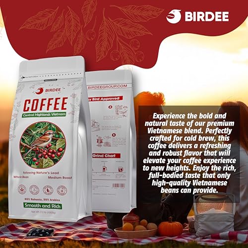 Birdee Vietnamese Coffee – 2.2 LB, Medium Roast Whole Bean, Arabica and Robusta Blend, Hand-Picked, Resealable Bag, Smooth Flavor, Low Acid, High Caffeine, Single-Origin