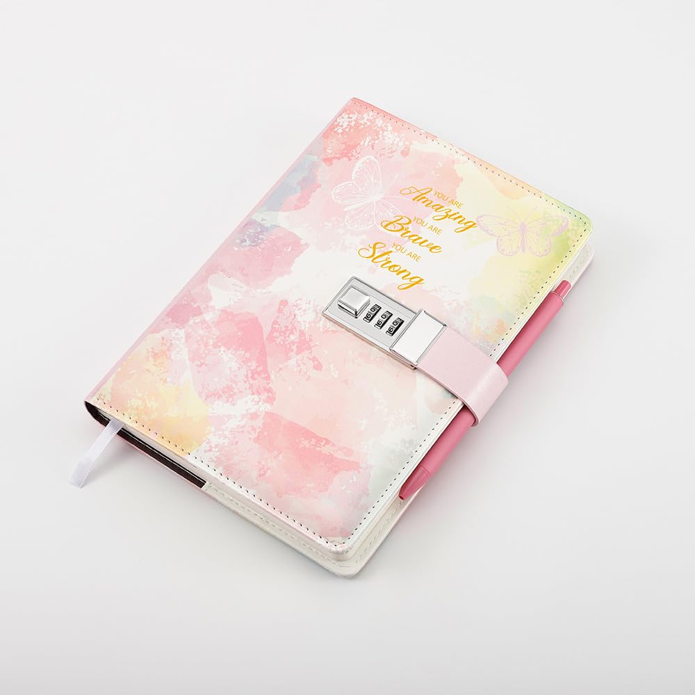 Nollh Diary with Lock for Girls and Women - 5.7 x 8.5 Inch Journal with Lock with Pen and Stickers, Birthday Gifts for 8-12 14 16 Year Old Girls, Gifts for Women