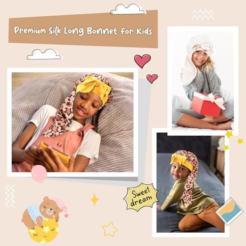Lolalet Kids Bonnets for Girls, Long Silk Bonnet for Sleeping Kids Satin Bonnet Cap with Tie Band for Dreadlocks Braid Afro Curly Hair -2 PCS, Star & Gold