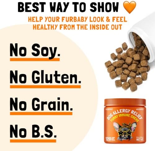Allergy Relief Chews for Dogs & Immune & Digestive Supplement with Wild Salmon Oil Kelp Colostrum Turmeric Probiotics & Bee Pollen for Seasonal Allergies Anti Itch, Skin Hot Spots 120 Soft Treats