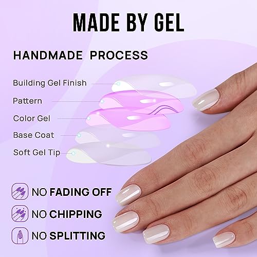 BTArtbox Press On Nails Short - White Soft Gel Press On Nails, Square Chrome Nail Tips Glue On Nails, Reusable Stick On Nails in 15 Sizes - 30 Soft Gel Fake Nails Kit, Vanilla Glazed