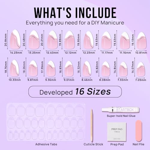 BTArtbox Press On Nails Almond - Swirl French Tip Press On Nails Short for Gifts, Nail Tips, Pink Fake Nail with Glue, Glue On Nails in 16 Sizes - 30 Nail Kit, Tiny Silver