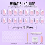 BTArtbox Press On Nails Almond - Swirl French Tip Press On Nails Short for Gifts, Nail Tips, Pink Fake Nail with Glue, Glue On Nails in 16 Sizes - 30 Nail Kit, Tiny Silver