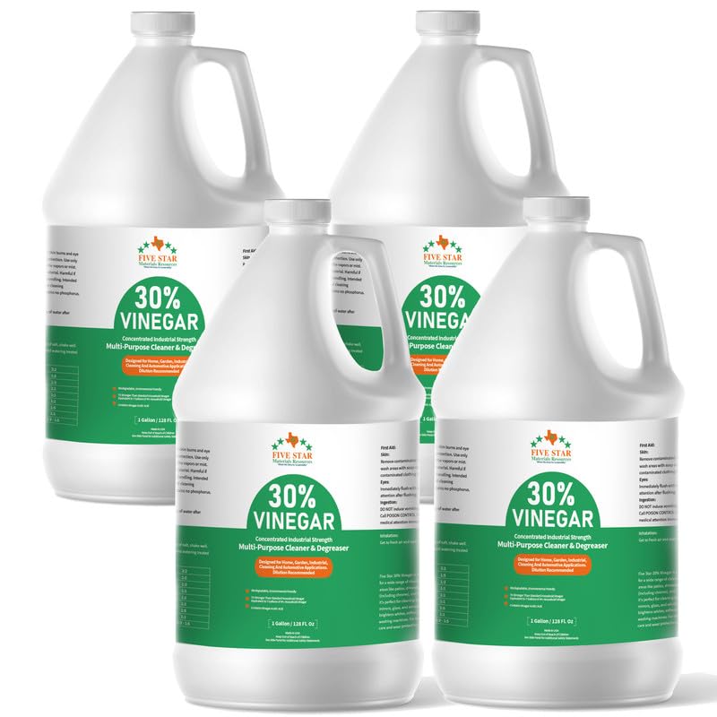FIVE STAR MATERIALS RESOURCES 30% Vinegar Concentrated | White Vinegar for Cleaning and Garden | Home, and Outdoor Pure | Max Performance 7X Power | with Instructions | 4 Gallon (512 fl oz)