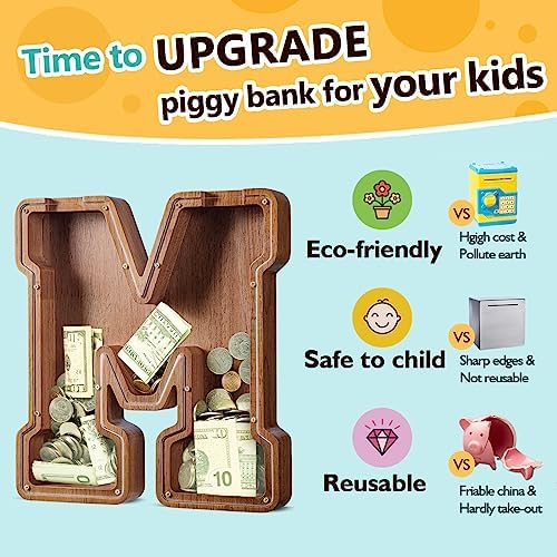 Summidate Customized Name Large Wooden Piggy Bank for Kids Boys Girls Alphabets Letter A-Z Coins Bills Money Change Bank Box Initial on Clear Cover (Laser Engraved) (Alphabet-M, Personalized-12)