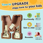 Summidate Customized Name Large Wooden Piggy Bank for Kids Boys Girls Alphabets Letter A-Z Coins Bills Money Change Bank Box Initial on Clear Cover (Laser Engraved) (Alphabet-M, Personalized-12)