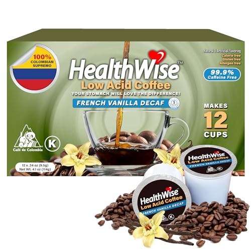 Healthwise French Vanilla Decaf Low Acid Coffee K-Cups - Swiss Water Process - Acid Reflux, Heartburn, Gastro Issues - Healthier Coffee For Sensitive Stomachs - Available In 4 Different Flavors - 12