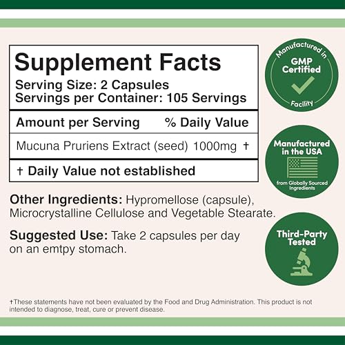 Mucuna Pruriens Extract Capsules - Dopamine Boosting Supplement - 210 Count, 1,000mg Per Serving, 20% (from Velvet Bean) (for Mood and Motivation Support) Third Party Tested by Double Wood