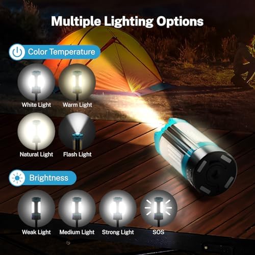 OGERY Rechargeable 10000mAh Camping Light with Stand 6.5 ft Max Height, Cordless Work Light with 3 LED Lamp Heads, 2200 Lumens Camping Essentials Gear Emergency Flashlight with Detachable Tripod