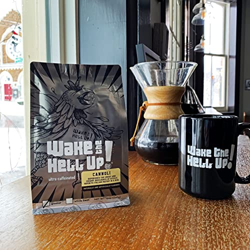 Wake The Hell Up! 12oz Ultra-Caffeinated Cannoli Ground Coffee, Low Acid, Medium-Dark Roast
