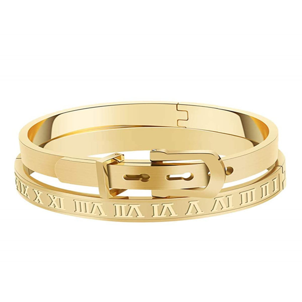 Jarlinwel Gold Silver Plated Bracelets for Men Women Roman Numeral Bangle Bracelet Stainless Steel Personalized Engraved Unisex Bangle (2 Pcs Womens Gold Bangle)