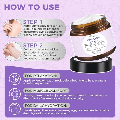 Magnesium Lotion for Sleep, Natural Magnesium Cream, Magnesium Butter with Coconut Oil, Shea Butter, Vitamin E, Lavender, 2 oz