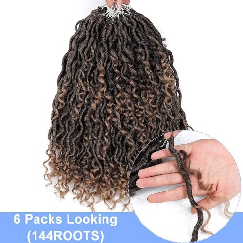 6packs Curly Faux Locs Crochet Hair 14 Inch Ombre Blonde River Goddess Locs Crochet Braids for Black Women Boho Styles Pre Loop Crochet Locs with Curly Hair in Middle Synthetic Bohemian Curls #T27