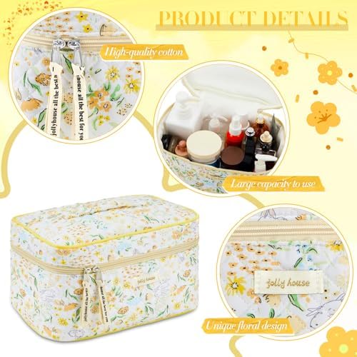 Zeyune 2 Pcs Cotton Quilted Makeup Bag for Women, Large Travel Coquette Cosmetic Bag, Aesthetic Cute Floral Toiletry Skincare Organizer(Yellow Flower)