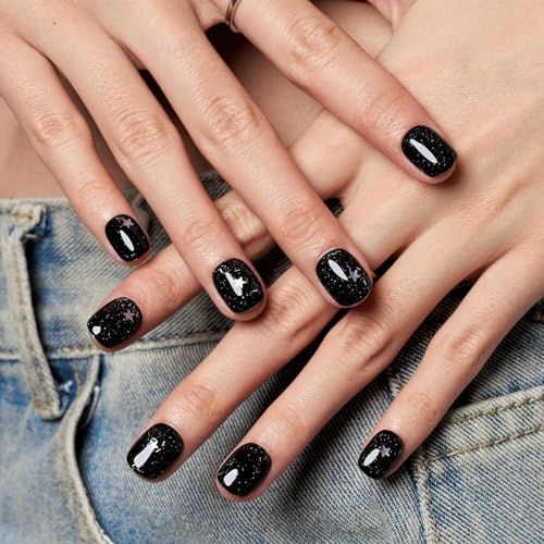 GLAMERMAID Press on Nails Extra Short Squoval, Spring Summer Handmade Glitter Black Star Gel Glue on Nails, 24Pcs Glossy Round Reusable UV Finish Fake Nails Acrylic False Nails Manicure Kits for Women