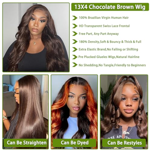Chocolate Brown Lace Front Wig Human Hair 180% Density Brown Body Wave 13x4 Lace Front Wigs Human Hair for Black Women 4# Colored Wigs Human Hair (24inch)