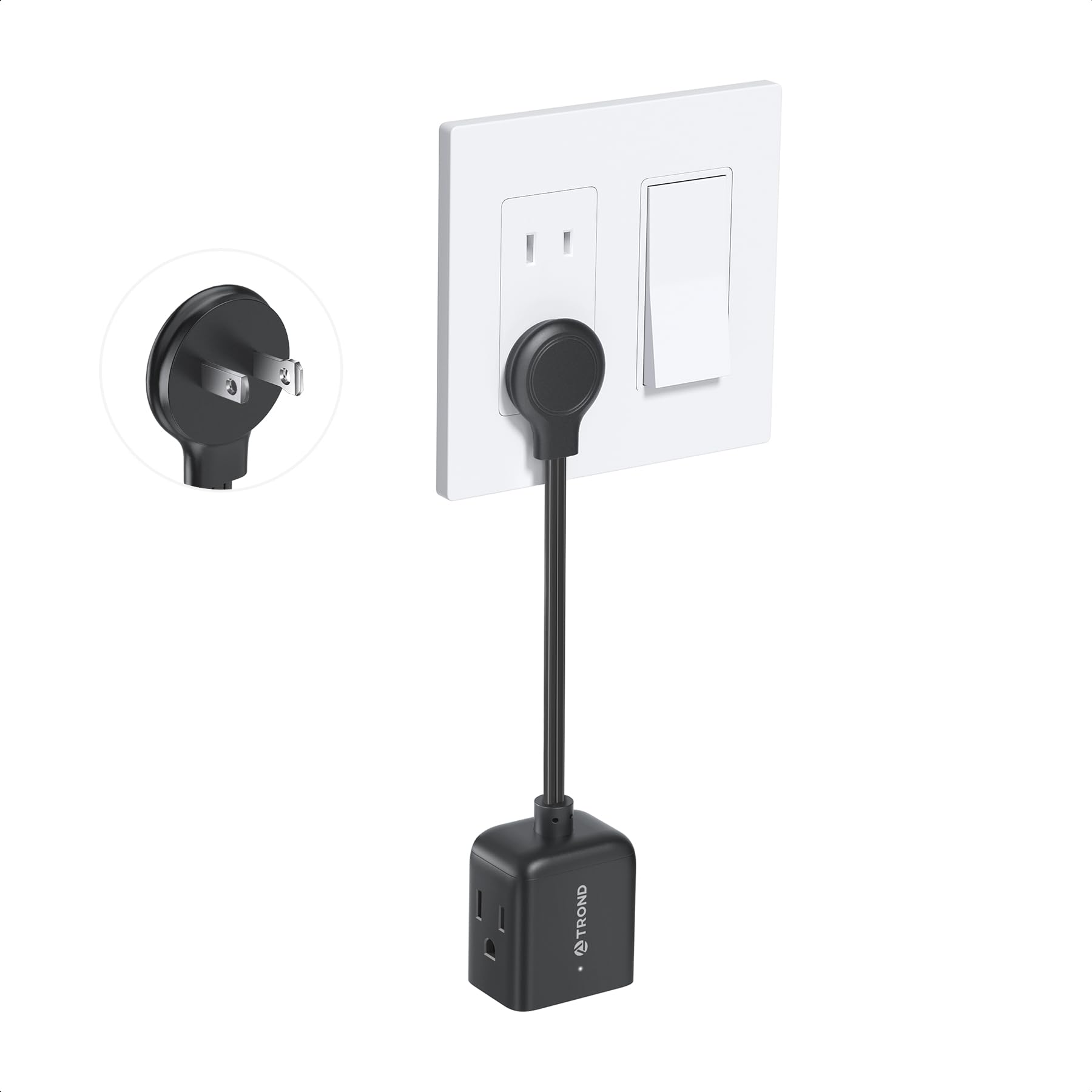 TROND Polarized 2 Prong to 3 Prong Outlet Adapter with 6 Inch Cord, Small 3 Way Outlet Extender No Blocking, Two Prong Flat Plug for Non-Ground Socket in Old Home Office Hotel Behind Furniture, Black