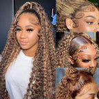 13x6 Ombre Lace Front Wigs Human Hair Pre Plucked 180 Density Honey Blonde Curly Wigs Human Hair 13x6 Deep Wave HD Lace Frontal Wigs Human Hair for Women with Baby Hair 26 inch