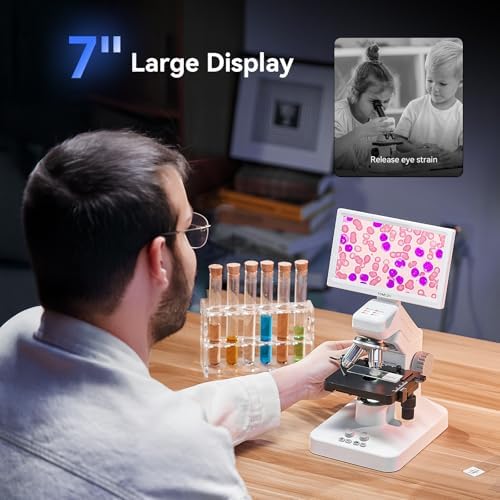 TOMLOV DM301 Max Microscope for Kids Students Adults with X-Y Stage, Digital Microscope Camera with 7" Screen, USB & HDMI Output, Wireless Biological Lab Scope for School Home Education with Slides