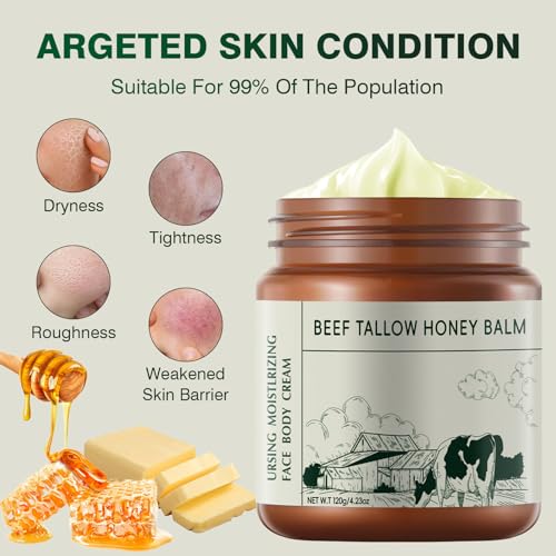 Beef Tallow for Skin, Beef Tallow and Honey Balm for Face and Body, Unscented Face Moisturizer, Deep Hydration & Sensitive Skin Care, 4.23oz