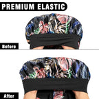 3Pcs Bonnets for Black Women Braid Bonnet, Large Long Satin Bonnet for Braids, Black Women Satin Silk Bonnet with Stretchy Tie Band Sleep Bonnet Cap for Long Curly Hair (Green & Black Pattern & Brown)
