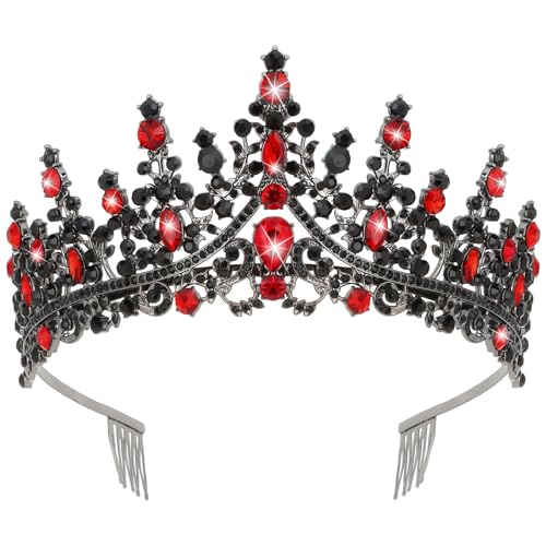 CURASA Black Tiaras for Women Red Gothic Crown for Women Girls Queen of Hearts Crown Quinceanera Tiara Princess Crowns Royal Queen Crown Baroque Vintage Crown for Halloween Costume Birthday Cosplay