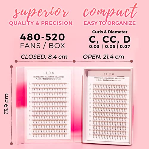 LLBA LashFolio Narrow Promade Fans | Handmade Volume Eyelashes | Multi Selections 5D~10D | C CC D Curl | Thickness 0.03~0.07mm | 8-15mm Length | Long Lasting & Easy Application (5D-0.07 CC 8mm-11mm)