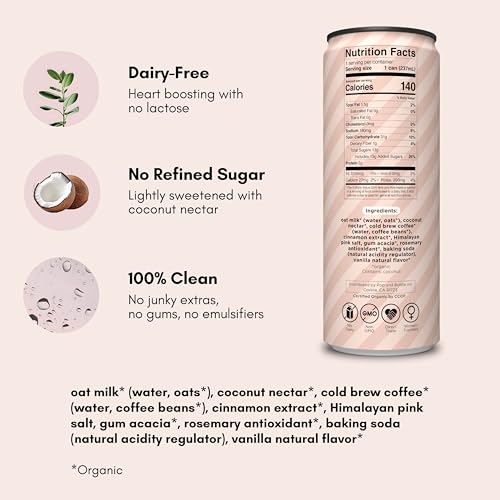 Pop & Bottle Oat Milk Lattes- Cold Brew, Cold Brew Coffee Cans, Canned Coffee, Iced Coffee, Organic, Dairy Free, Gluten Free, Lightly Sweetened with Coconut Nectar- Snickerdoodle, 8 Fl Oz (12 Pack)