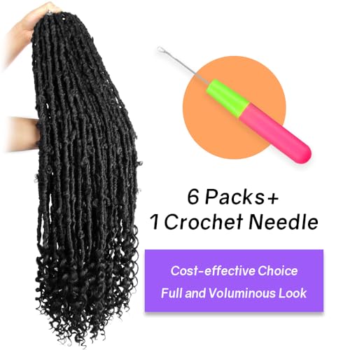 Crochet Butterfly Locs with Curly Ends 36 Inch, Boho Distressed Butterfly Locs Crochet Hair, Black Bohemian Goddess Faux Butterfly Braids with Curly Ends (6 Packs, 1#)