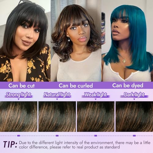 Bang Wigs Human Hair Glueless Straight Layered Bob Hairstyle 4x2 Transparent Lace Ombre Brown Highlights for Women 18 Inch