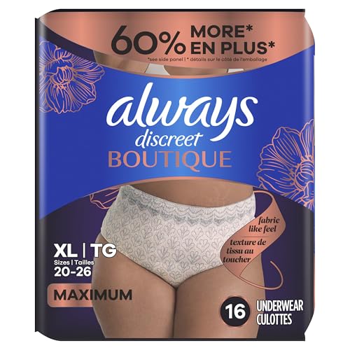 Always Discreet Boutique Incontinence and Postpartum Underwear for Women, Maximum Protection, Extra Large, Rosy, 16 Count