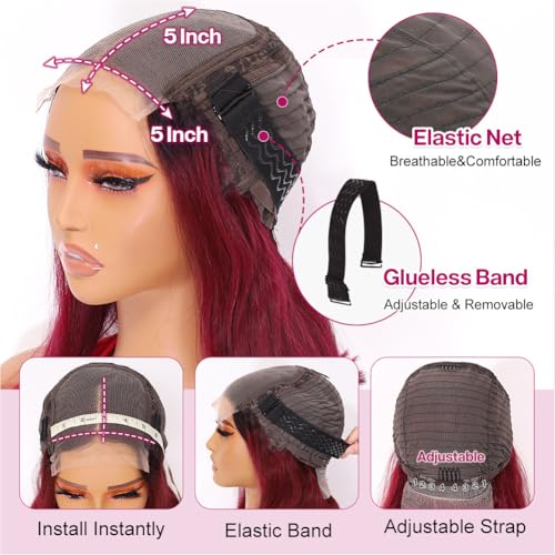 Ombre 99j Burgundy Closure Bob Wig Human Hair Wigs 1B 99j 5x5 Hd Lace Closure Wigs Human Hair For Black Women Straight Burgundy Human Hair Pre Plucked 200% Density Wig 99j Short Bob 12 Inch