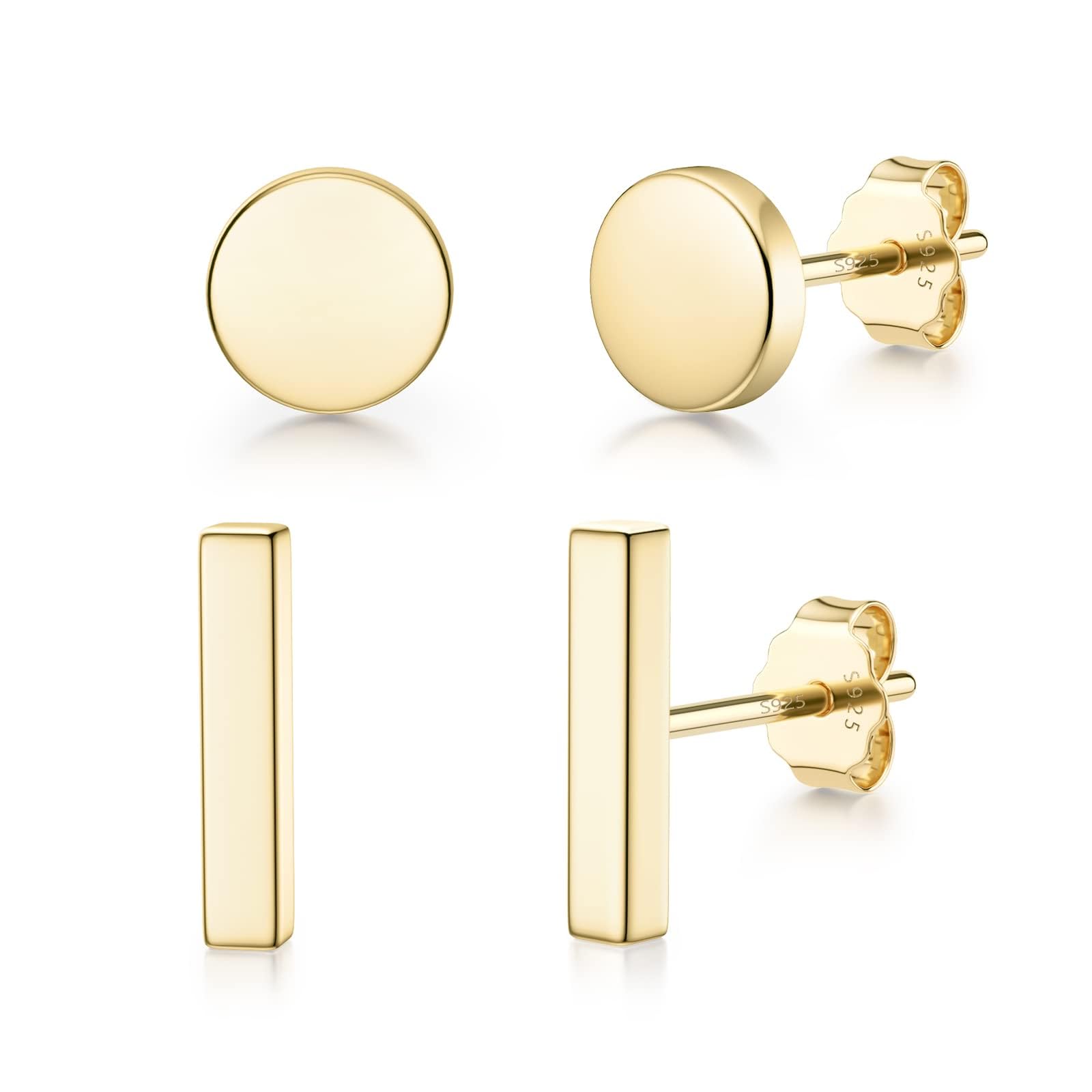 JIAYIQI 2 Pairs 14K Gold Plated Stud Earrings for Women, Minimalist 925 Sterling Silver, Hypoallergenic Small Bar and Dot Ear Studs for Multiple Piercings Jewelry